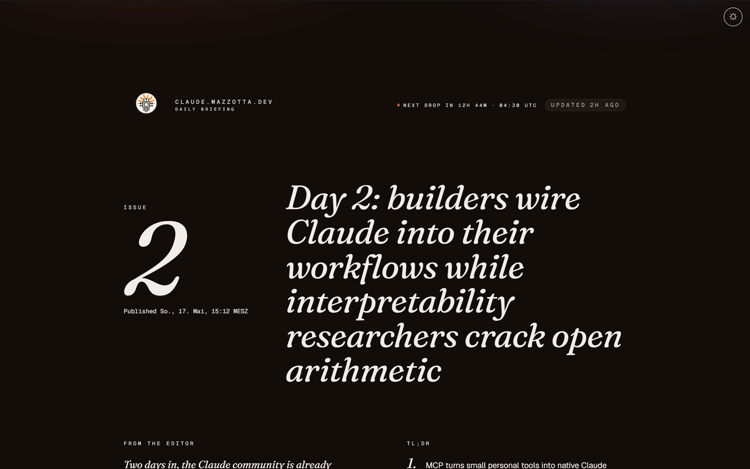 claude.mazzotta.dev home page with curated daily briefing
