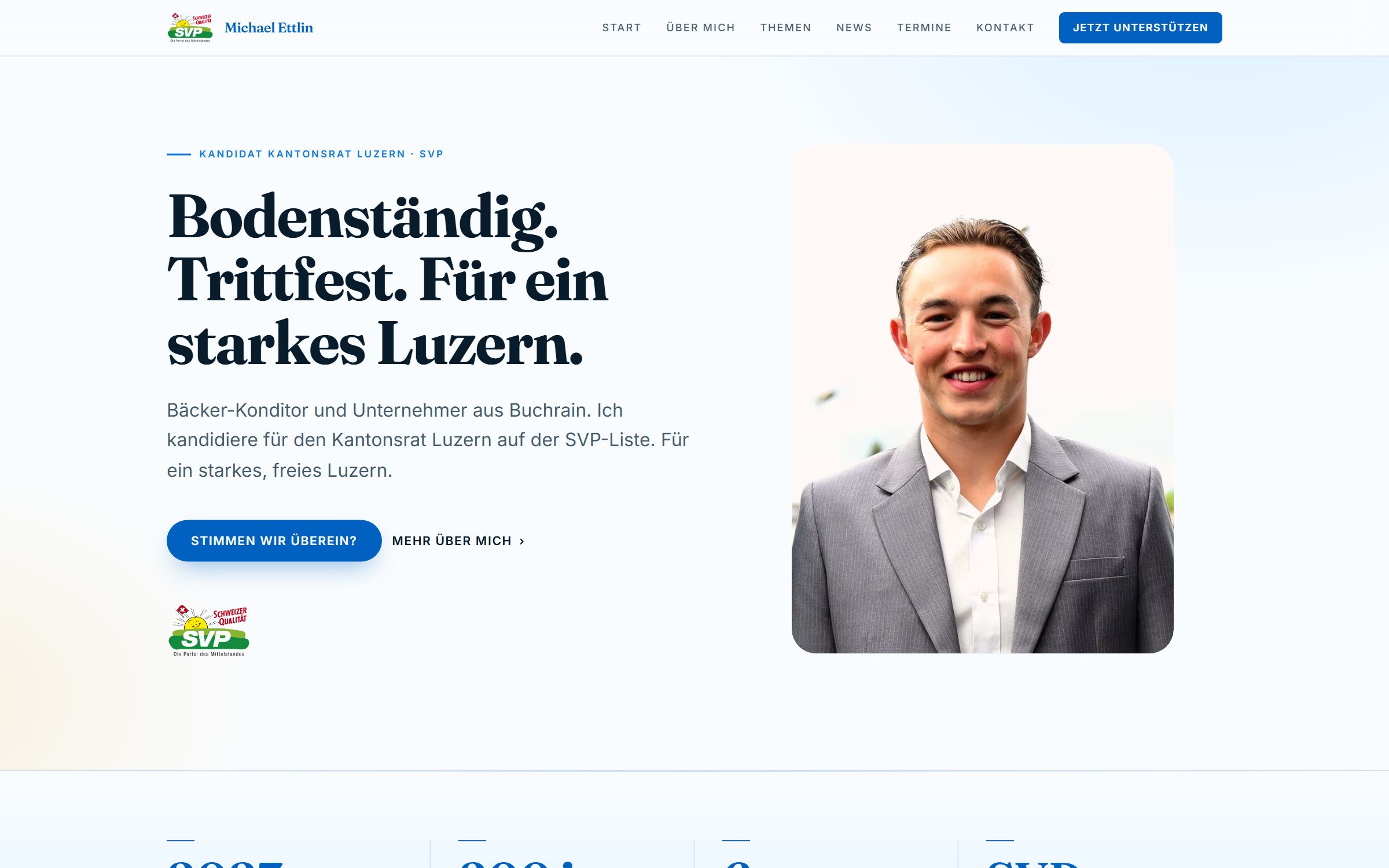 Michael Ettlin home page with portrait and campaign claim