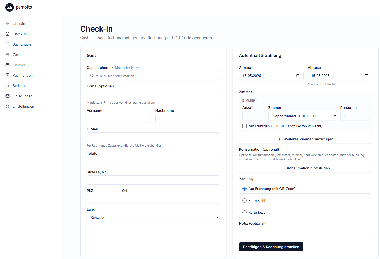 Pernotto guest check-in with QR-Bill invoicing