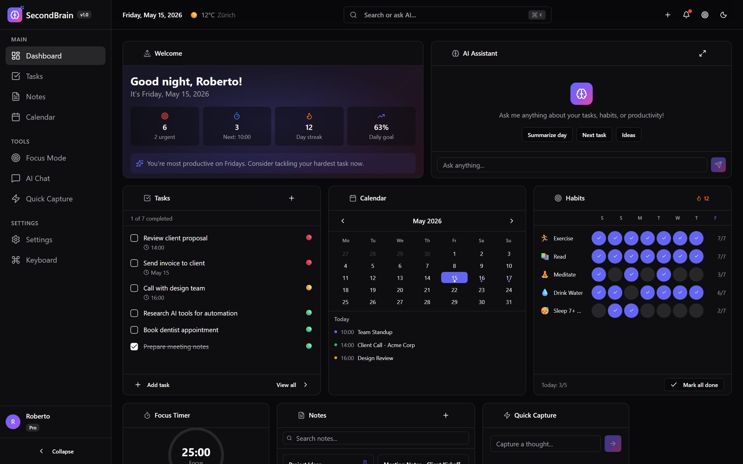 SecondBrain home dashboard