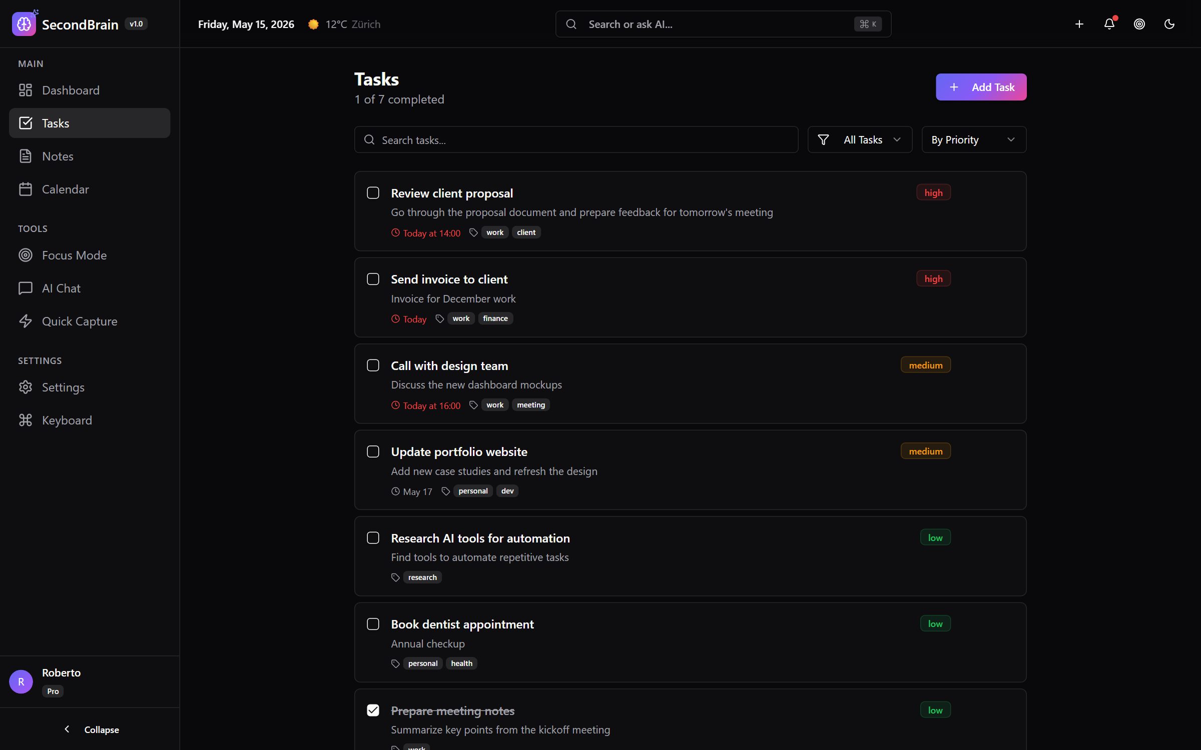 Tasks view with drag-and-drop reordering