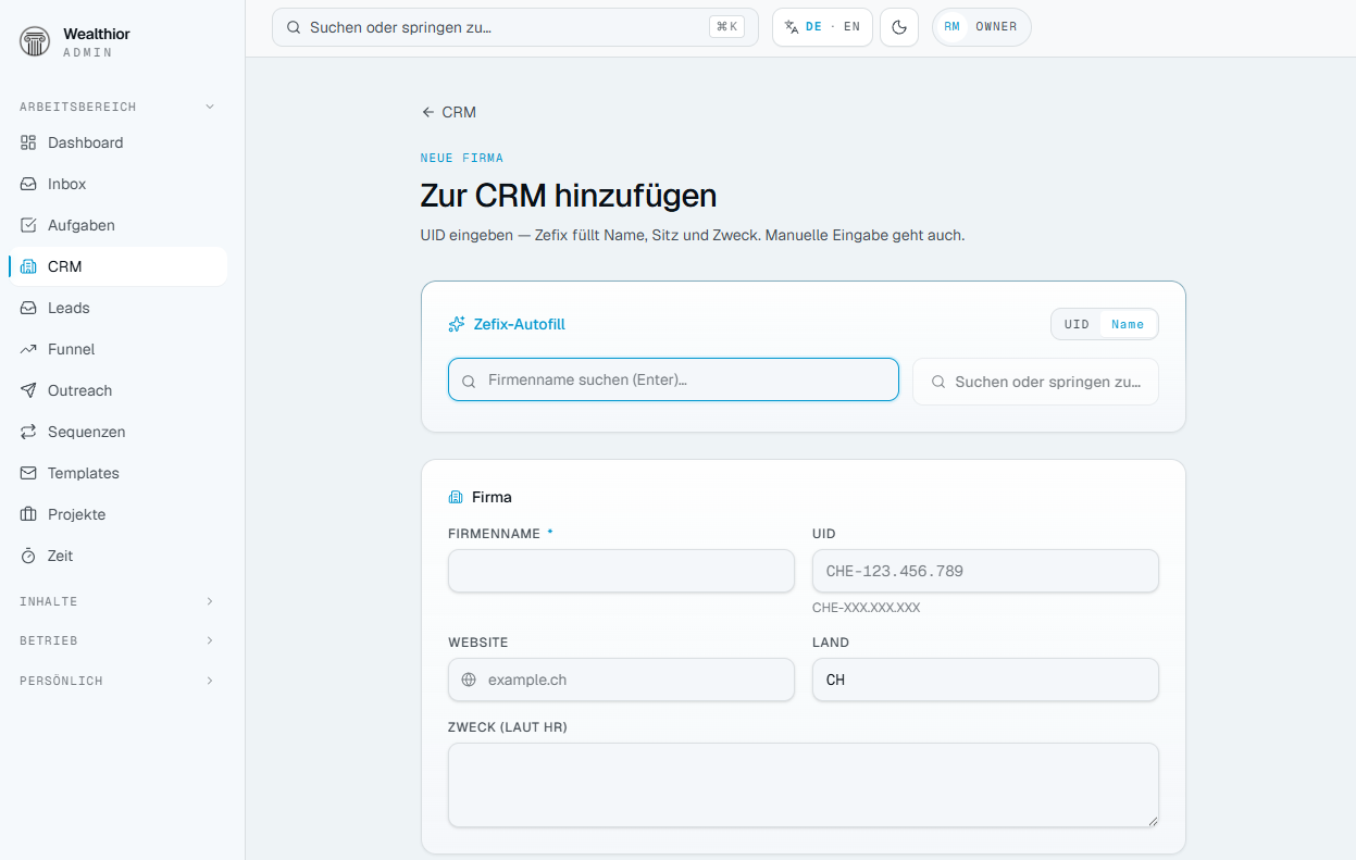 Wealthior Admin Leads und CRM